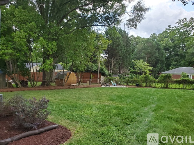 A backyard with a well-maintained lawn and a variety of trees.