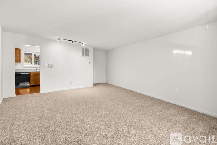 A large, empty room with carpeted flooring and white walls.