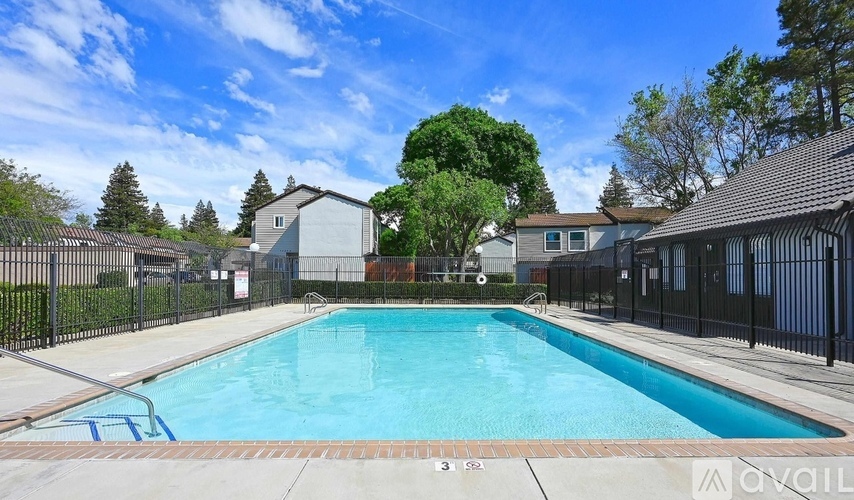 A swimming pool surrounded by a black fence and trees.