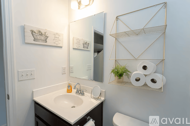 A bathroom with a sink, mirror, and toilet paper holder.