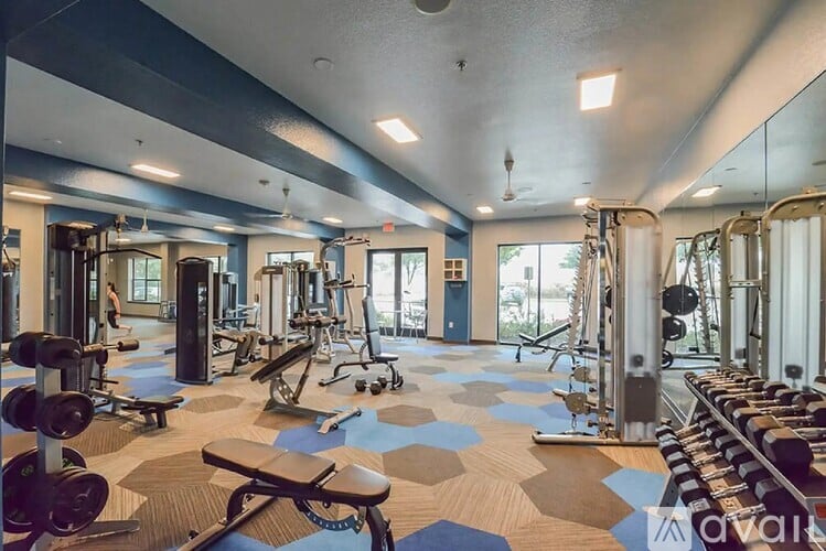 A gym with a variety of equipment including treadmills, weights, and exercise machines.
