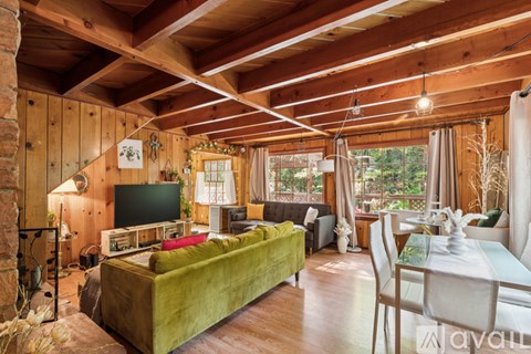 A living room with a green couch and a television.