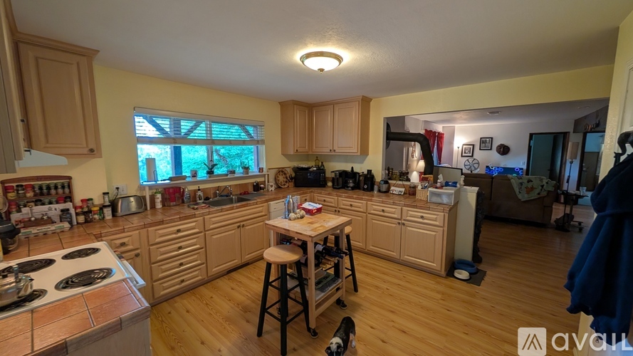 A kitchen with wooden cabinets and a stove top oven.
