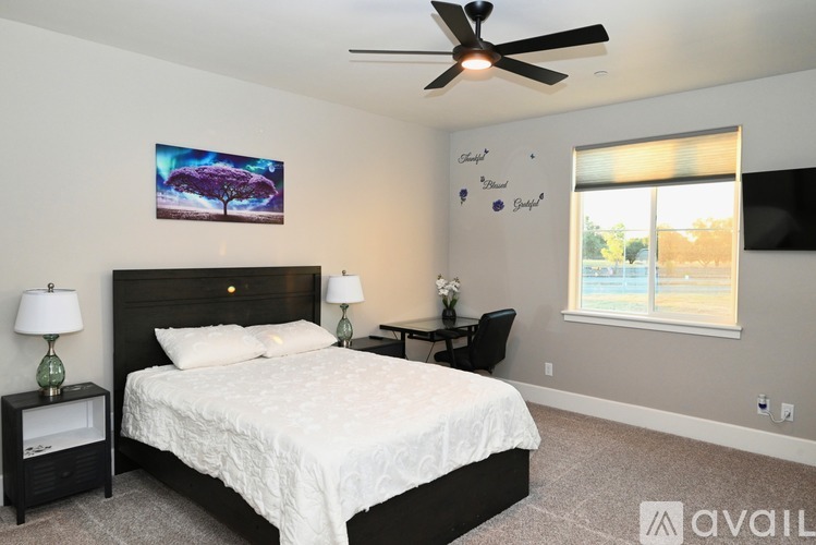 A bedroom with a large bed, a ceiling fan, and a painting on the wall.