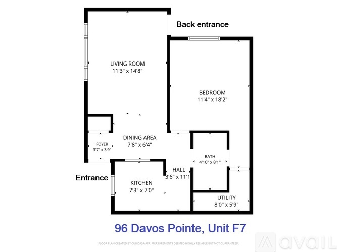 A floor plan for a one bedroom apartment at 96 Davos Pointe, Unit F7.