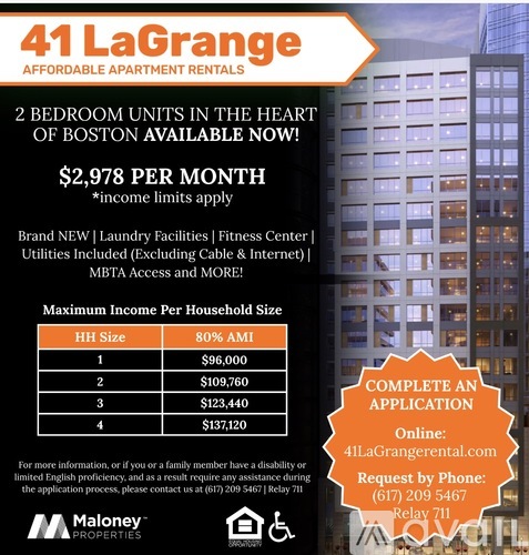 An advertisement for 41 LaGrange apartments in Boston, offering 2 bedroom units for rent at $2,978 per month.