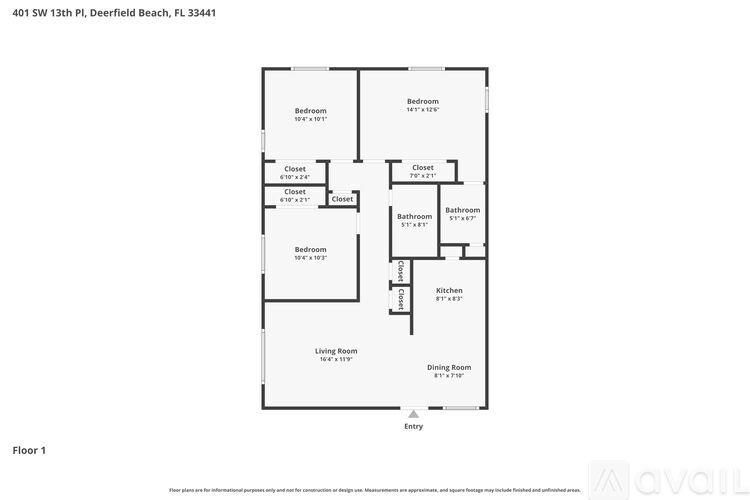 A floor plan of a two-bedroom, two-bathroom apartment.