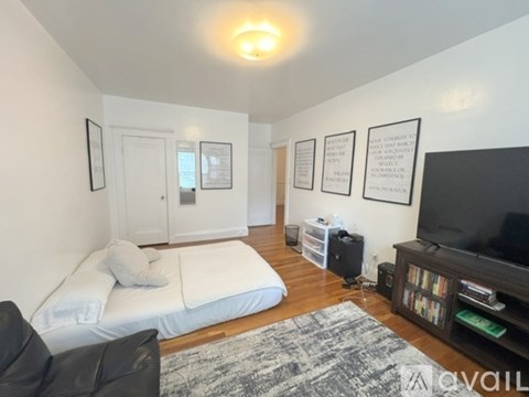 A living room with a white couch and a television.