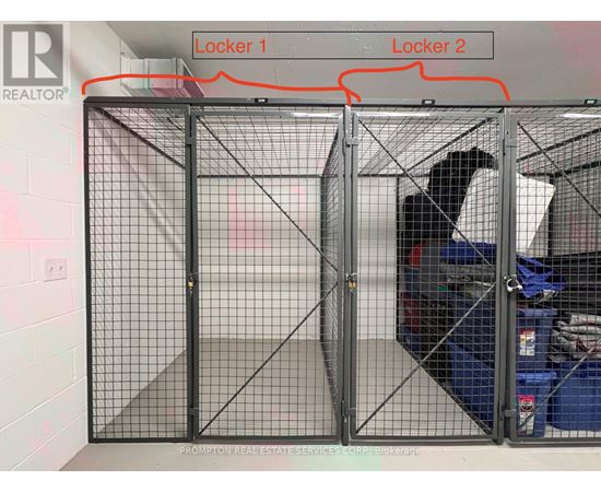 A storage room with two lockers, one of which is open.