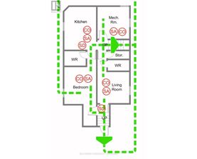 A diagram of a house with the living room, bedroom, and kitchen labeled.