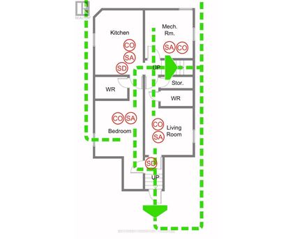 A diagram of a house with the living room, bedroom, and kitchen labeled.