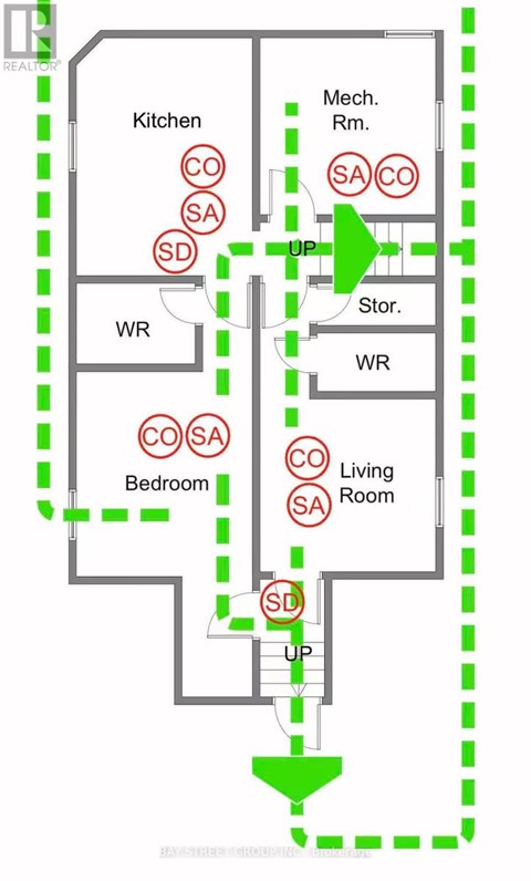 A diagram of a house with the living room, bedroom, and kitchen labeled.