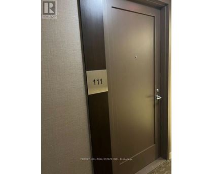 A door with a number 111 on a sign is closed.