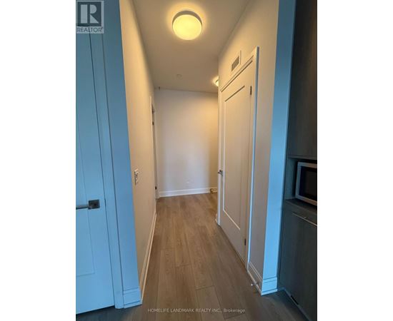 A hallway with a light on the ceiling and a door on the left.