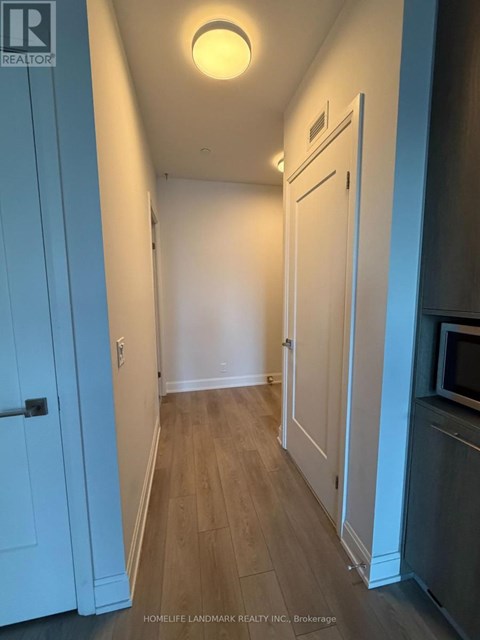 A hallway with a light on the ceiling and a door on the left.