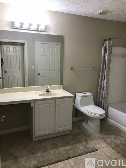 A bathroom with a toilet, sink, and mirror.