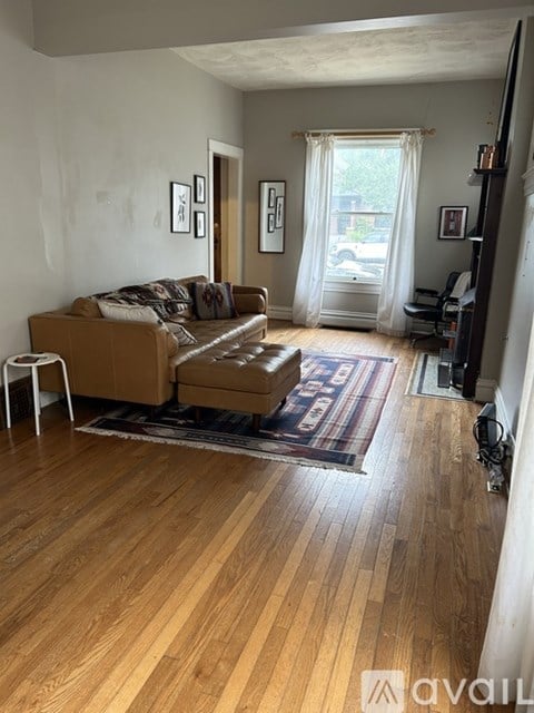 A living room with a couch and a rug.