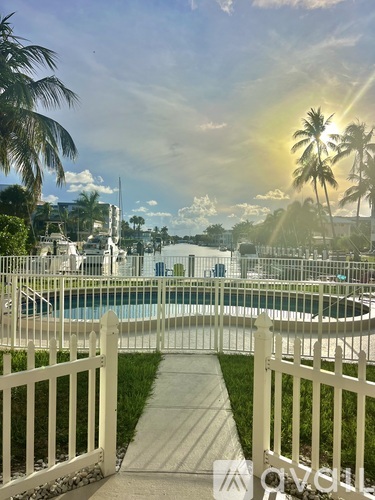 A white fence leads to a pool surrounded by palm trees.