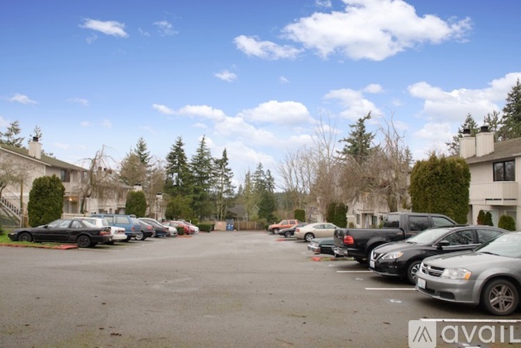 A parking lot with cars and trees in the background.