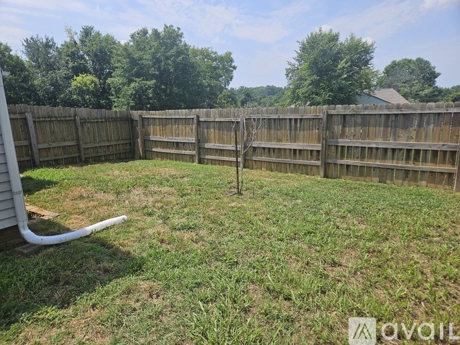 A backyard with a white chair and a wooden fence.
