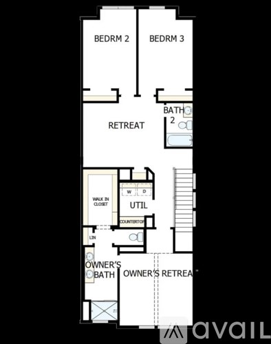 A floor plan of an apartment with two bedrooms, a bathroom, a retreat room, a walk-in closet, and an owner's bathroom and retreat.