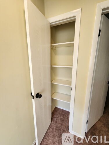 A white closet with shelves and a black handle.