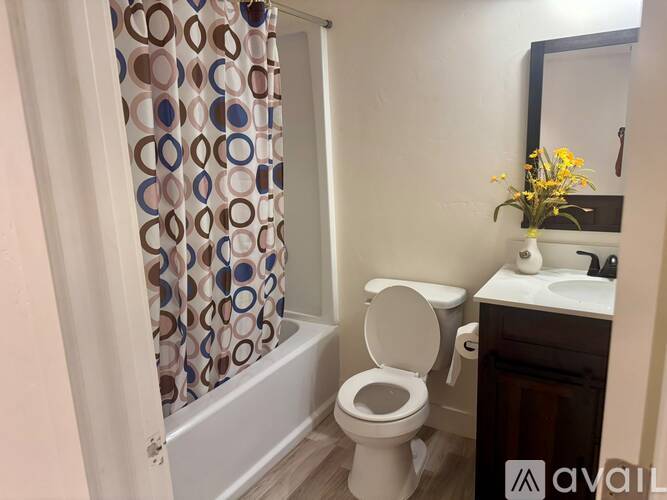 A bathroom with a toilet, sink, and shower curtain.