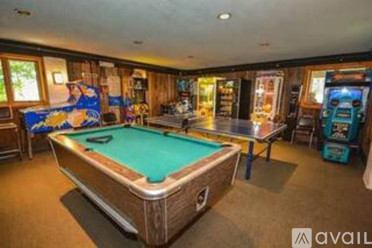 A room with a pool table and a pool table with a green cloth.