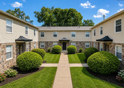 A sunny day at a residential complex with stone and siding houses, green bushes and a concrete walkway.