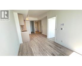 A spacious room with wooden flooring and white walls, with a cabinet and a door visible.