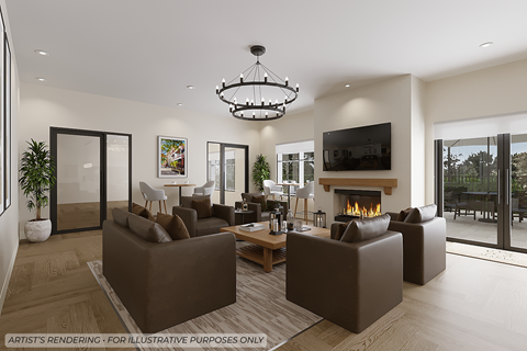 A modern living room with a fireplace and a television.