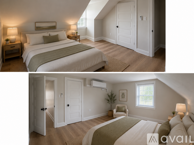 A bedroom with a large bed and a smaller bed in the attic space.