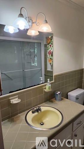 A bathroom with a sink and a mirror.