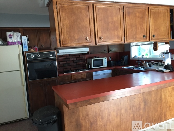 A kitchen with wooden cabinets and a red counter.