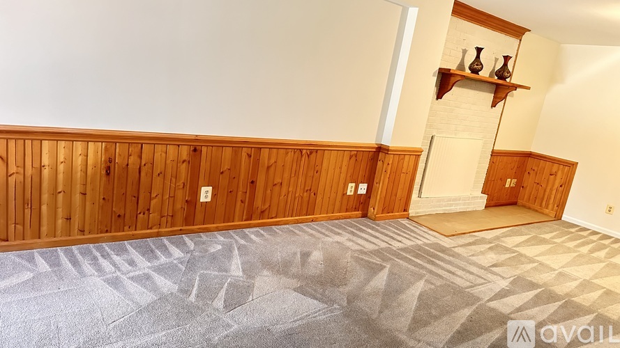 A room with wooden walls and a carpet with a geometric pattern.