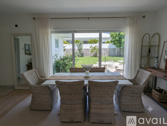A dining room with a table and chairs with a view of a backyard.