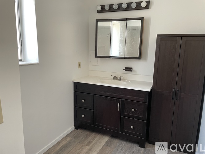 A bathroom with a sink, mirror, and cabinets.