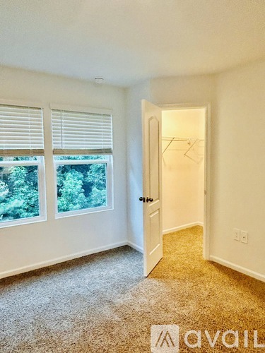 A room with a carpeted floor, a door, and a window with blinds.