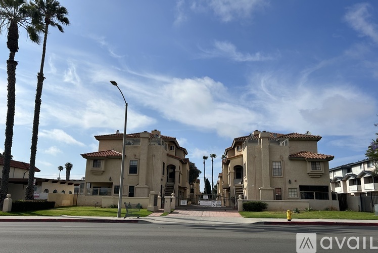 A street view of a residential area with two-story houses, palm trees, and a clear sky.