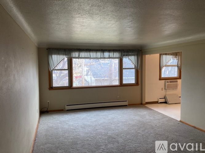 A room with a carpeted floor and a window with a view of trees outside.