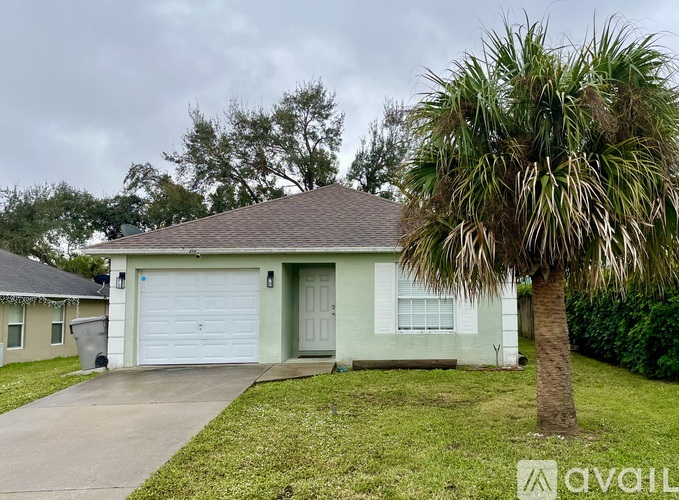 A house with a white garage door and a palm tree in front.