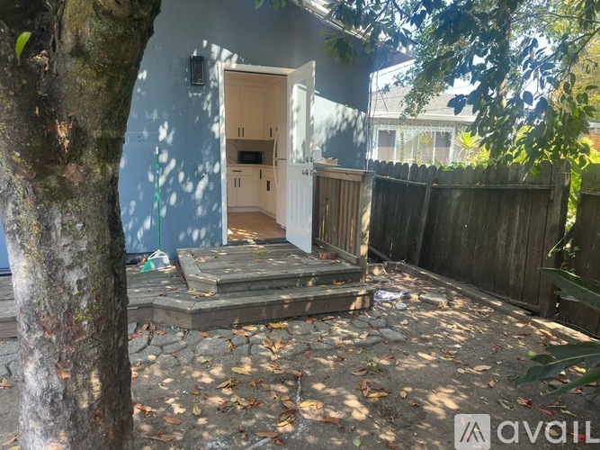 A backyard with a tree, a wooden fence, and a small building with a door open.