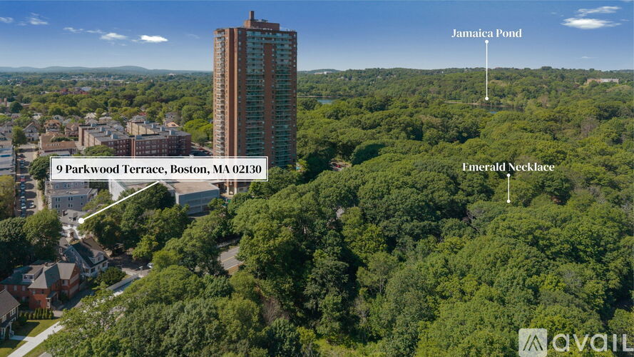 A bird's eye view of a city with a tall building, trees, and a sign that says "9 Parkwood Terrace, Boston, MA 02130".