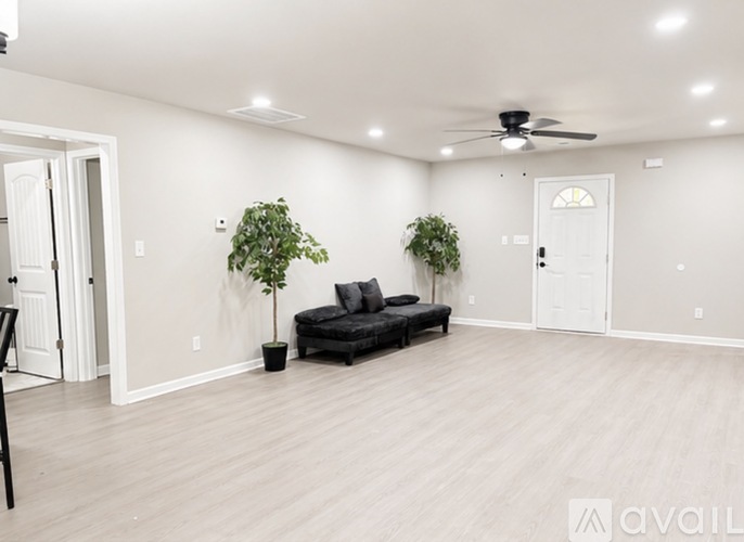 A living room with a black couch and two green plants.
