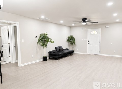 A living room with a black couch and two green plants.