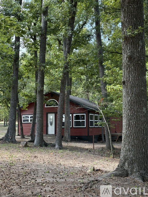 A red cabin is nestled among tall trees.