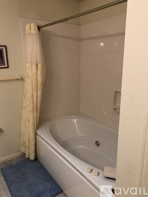 A bathroom with a bathtub and a shower curtain.