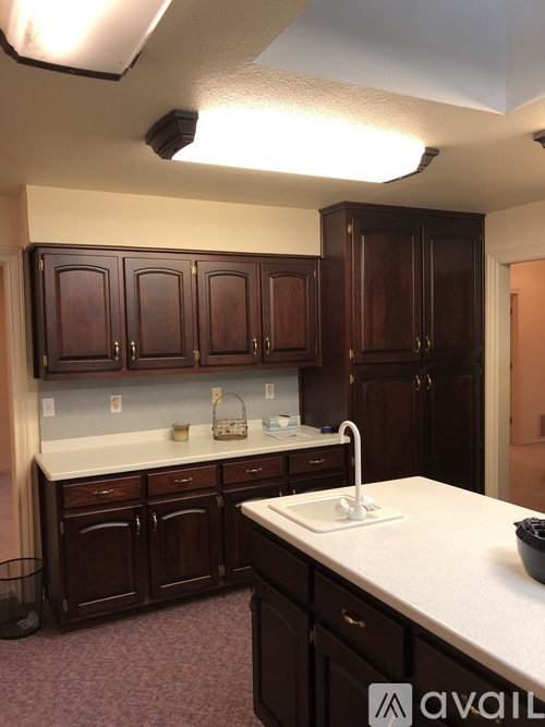 A kitchen with dark wood cabinets and a white counter.