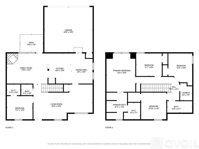 A floor plan for a two-story home with two bedrooms, two bathrooms, a living room, a dining room, a kitchen, a laundry room, and a garage.