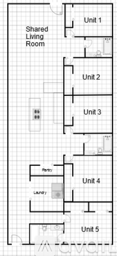 A floor plan of an apartment complex with five units, each with a living room, kitchen, and bathroom.
